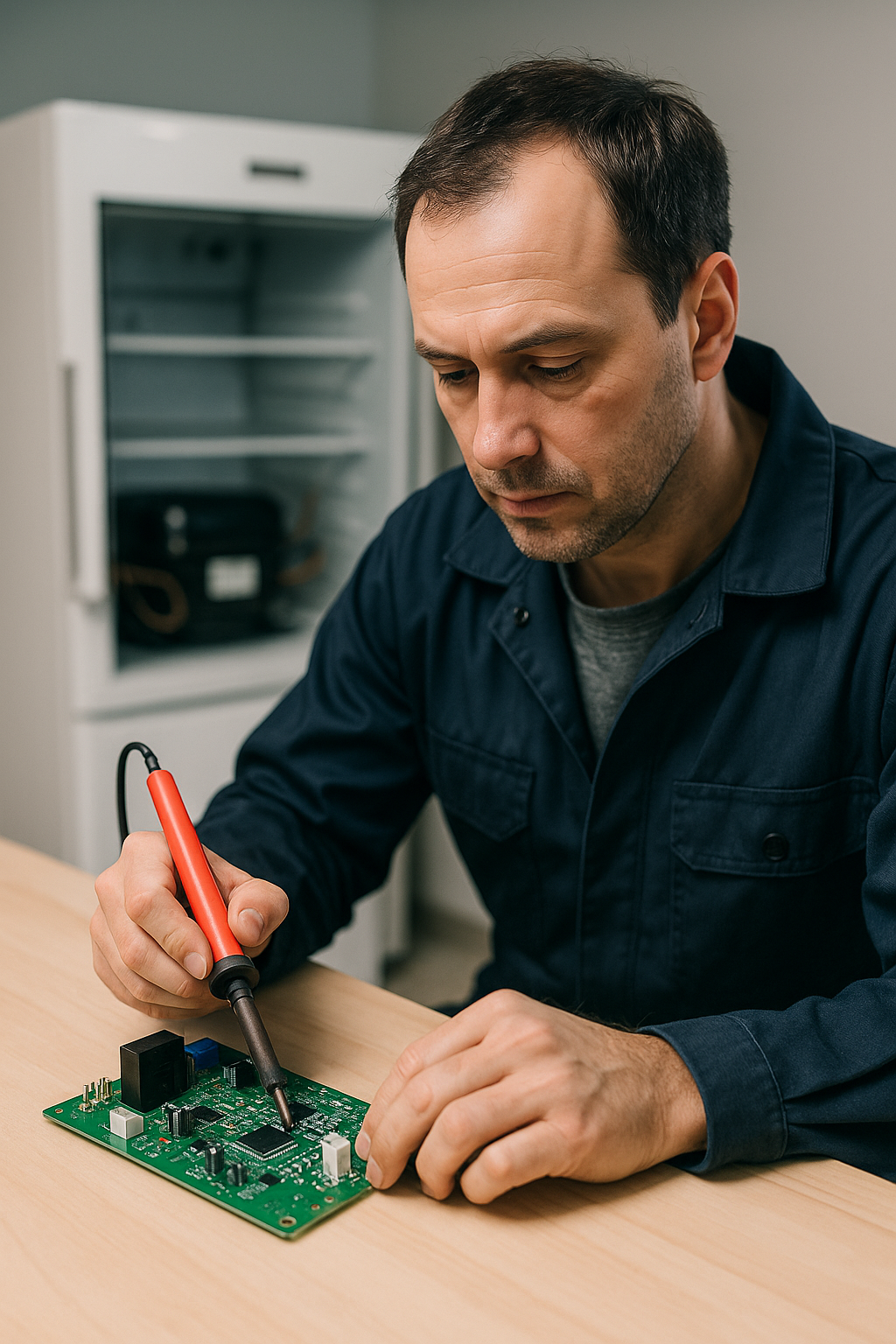 Técnico reparando placa electrónica de frigorífico